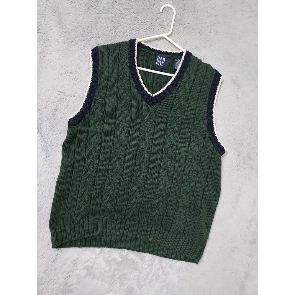 Vintage Gap Sweater Vest Men Medium V Neck Cable Knit Green Tennis Prep 90s Golf